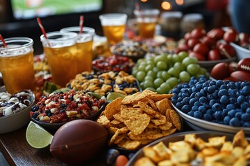 Delicious spread of snacks and drinks at a lively gathering with friends during a sports game
