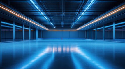 Fototapeta premium A serene, empty ice rink lit with vibrant blue and orange neon lights, creating a tranquil atmosphere.