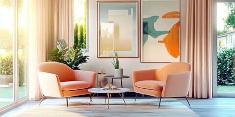 Bright modern living room, orange accent ceiling, peach velvet armchairs, large potted plant, abstract wall art, white walls, wooden floor, natural light, minimalist decor, mid-century modern style, g