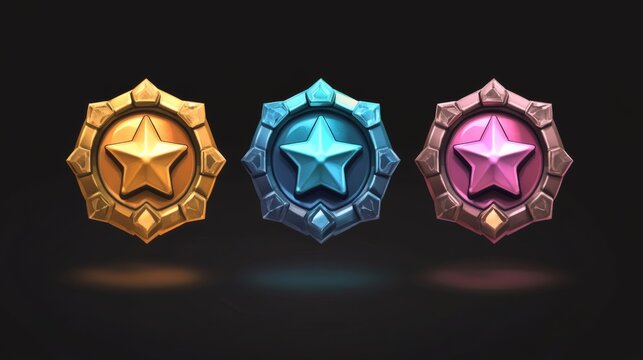 Game rank gem badge ui award achievement in vector. Cartoon level medal illustration. Isolated 3d fantasy medieval jewelry amulet with wings to show progress and win rating in bronze, silver and gold.