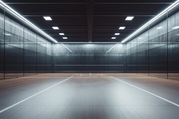 A modern, empty indoor squash court with sleek lighting, showcasing its polished wooden floor and glass walls.