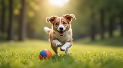 A photorealistic image of a dog joyfully playing with a ball in a park, capturing the dog's excitement and the vibrant colors of the ball. 