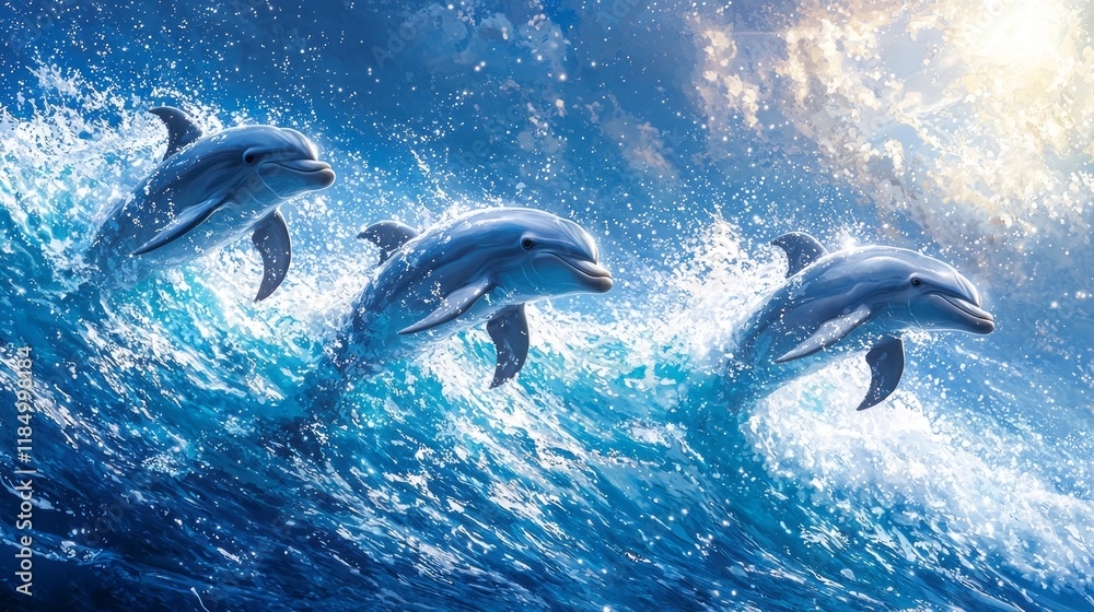 Poster as the sun rises, dolphins leap joyfully over sparkling blue waves, creating a mesmerizing display o