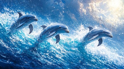 Fototapeta premium As the sun rises, dolphins leap joyfully over sparkling blue waves, creating a mesmerizing display of agility and grace in their natural marine habitat, evoking a sense of wonder and freedom
