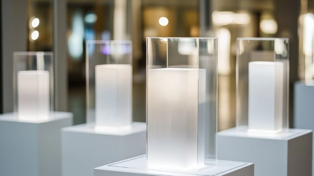 Pedestals from white plastic and glass for display product, exhibit or trophy. Vector realistic set of empty modern podiums different shapes, platforms for showcase, museum or exposition