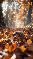 A small hedgehog forages among vibrant autumn leaves in a sunlit forest, creating a serene nature scene.