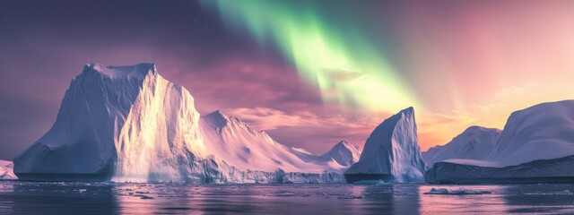A surreal shot of the icebergs drifting through Disko Bay, Greenland, illuminated by the Northern Lights