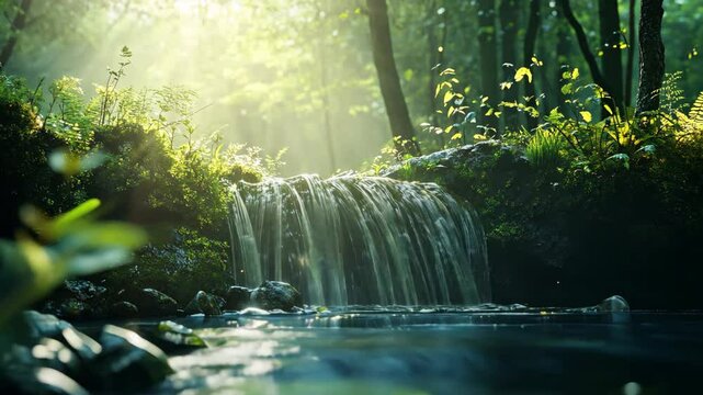 Green lush forest with waterfall and small creek, sunlight shine on floor 