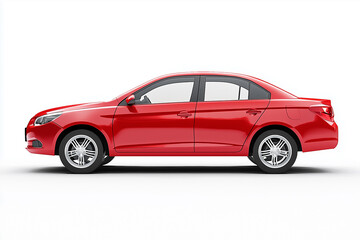 Obraz premium red 4 door compact economy car, photorealistic, side view, white background