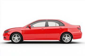 red 4 door compact economy car, photorealistic, side view, white background