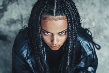 Lovely calm mixed-race girl - for ads, magazine ad and social online ad promotion use. Long haircut - braids hair. Commercial ad image. Colored hair portrait inspiration. Black woman model.