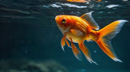 A close-up of a vibrant goldfish swimming gracefully in a clear glass bowl filled with water, showcasing its bright orange color and flowing fins. 
