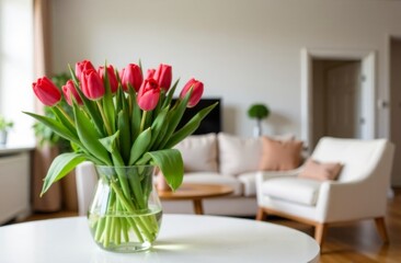 vibrant red tulip bouquet in a glass vase on a white table in a cozy living room with neutral-toned furniture and soft natural lighting, concept of home decor, interior design, and floral lifestyle
