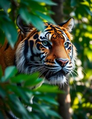 Fototapeta premium A close-up of a Bengal tiger's face, showcasing its vibrant orange fur, distinct black stripes, and piercing green eyes, bengal tiger