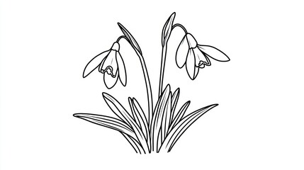 Snowdrop flowers line drawing, white background, spring