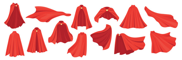 Red Superhero Capes Icon Set. Cartoon Hero Capes, Flying Capes For Comics, Animations, Costume Designs. Dynamic Red Comic Capes In Different Shapes For Superhero, Fantasy Hero Concept © gomolach