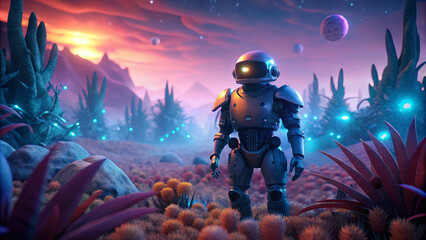 Obraz premium A robot explorer surveys a colorful alien landscape filled with unusual plants and distant mountains. The sky features vibrant hues as planets hover in the background during sunset