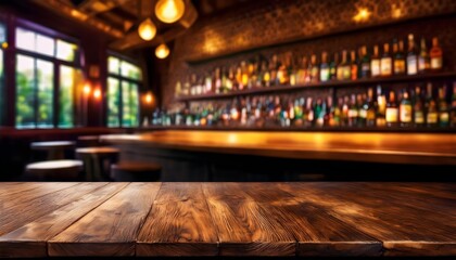 Empty old wooden table background surface with blurred bar interior background. Empty table mockup for products