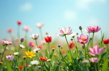 Obraz premium colorful wildflowers blooming in a sunny meadow with pink, white, yellow, and red blossoms under a bright blue sky, concept of nature, floral photography, and gardening