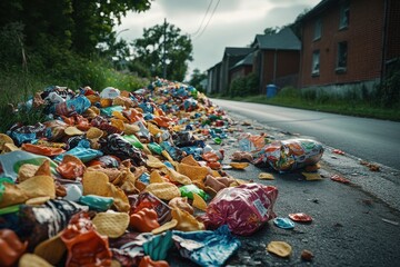 Fototapeta premium A cluttered street scene showcasing a large pile of colorful discarded snacks and wrappers.