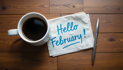 Hello February and cup of coffee on wooden table