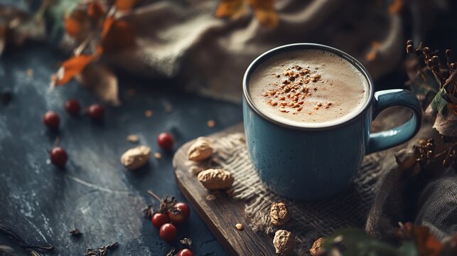 Steaming mug of coffee with cinnamon placed on a wooden board with autumn decorations - Powered by Adobe