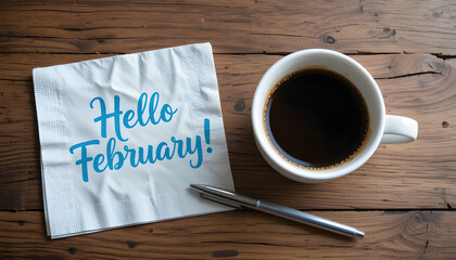 Hello February and cup of coffee on wooden table