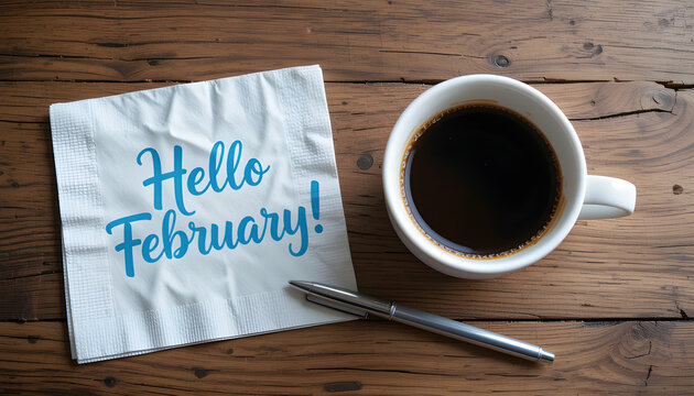 Hello February and cup of coffee on wooden table