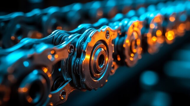 Close-up of a bicycle chain with a minimalistic design, featuring metallic links and illuminated by soft blue and orange lighting - Powered by Adobe