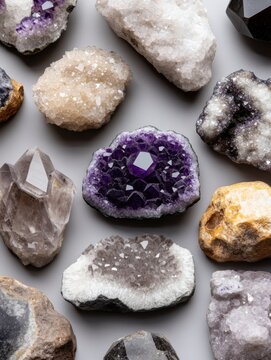 A collection of colorful crystals and minerals arranged artistically on a light background, showcasing their unique textures and shapes, Ideal for educational purposes, home d&Atilde;&copy;cor, or jewelry design,