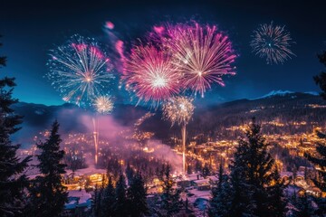 Elevated view of vibrant New Year celebrations with fireworks lighting up the night sky over a city rooftop