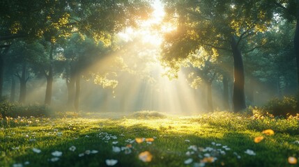 Obraz premium Bright sunny day in a forest with a lot of trees and grass