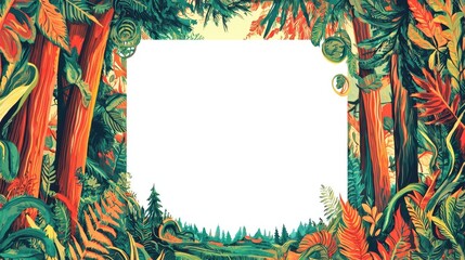 A vibrant illustration of a forest scene with lush greenery and a blank central space for text or images.