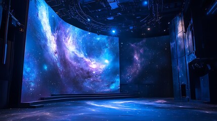 A stage with a cosmic galaxy theme featuring swirling nebulae and glowing stars 