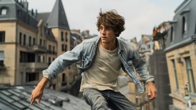 Young man performing parkour on rooftops in urban setting - Powered by Adobe