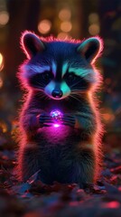A cute raccoon stands in a vibrant, colorful forest holding a glowing crystal.