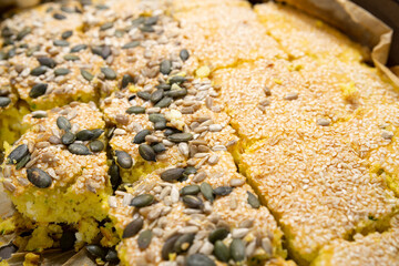 Healthy homemade corn bread with seeds in a pan
