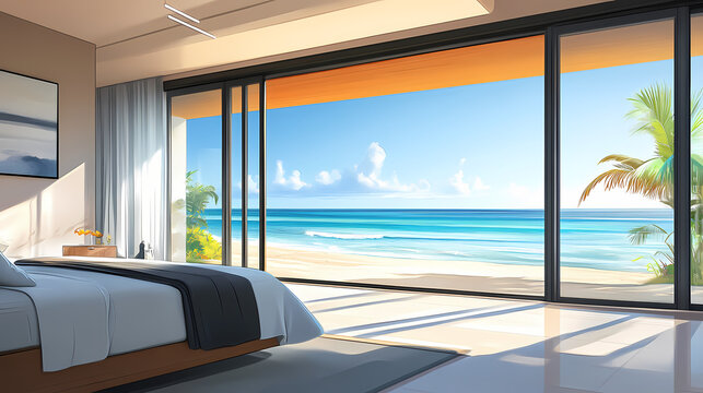 Drawing bedroom with large glass door beach front seabreeze on the ocean view hotel luxury house and villa. Seabreeze. Illustration