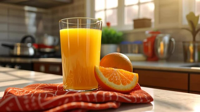 Glass of orange juice is on a table with an orange slice. The glass is half full