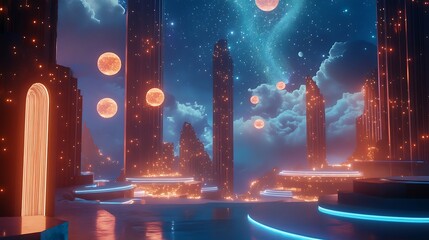 A stage with a celestial theme featuring glowing stars and floating platforms 
