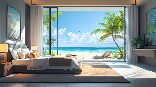 Drawing bedroom with large glass door beach front seabreeze on the ocean view hotel luxury house and villa. Seabreeze. Illustration