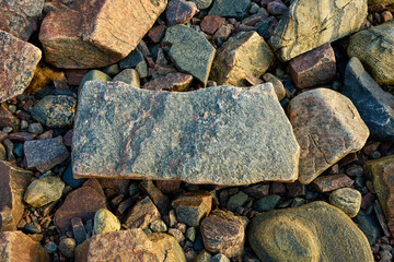 A large irregularly shaped stone with a rough surface surrounded by smaller stones
