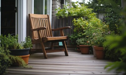 Fototapeta premium Wooden chair is sitting on a wooden deck in front of a house. The chair is empty and the deck is surrounded by plants