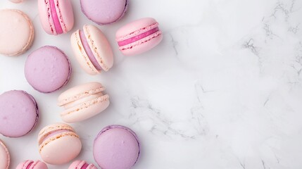 Obraz premium Pink and Beige Macarons on Marble, French Macaroons, Dessert Treats, Copy Space