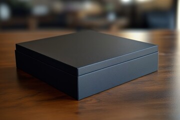 Elegant black box resting on a wooden table, exuding sophistication and minimalism.
