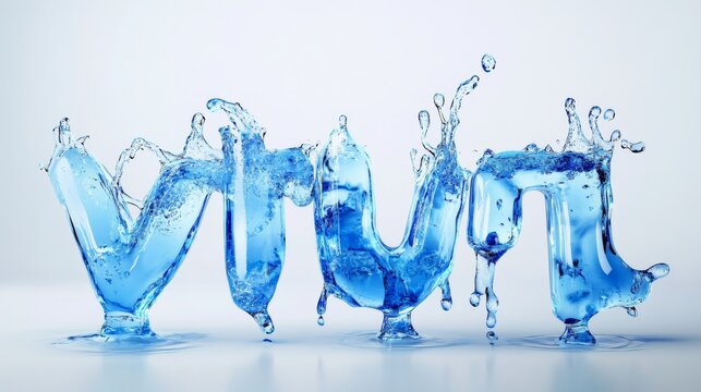 Water type font, liquid letters set. Pure aqua splashes in shape of text characters. Clear blue water or gel drops in shape of english letters isolated on transparent background, vector realistic set