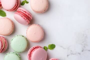 Obraz premium Pink, green, and white macarons with mint leaves on marble background, flat lay dessert arrangement, pastel French pastry design, minimalistic layout, copy space for text