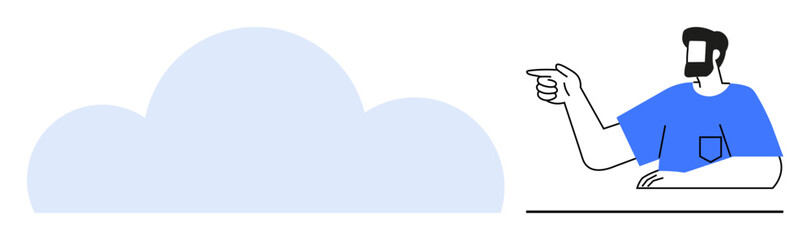 Man with beard and blue shirt pointing at large cloud shape. Ideal for technology, cloud computing, business, IT services, data storage, innovation, network solutions. Simple abstract line flat
