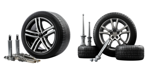 Car wheels and car rims isolated on transparent background, Set of