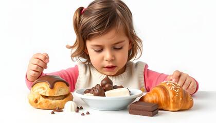 child unbalanced eating. unhealthy bad habits. confectionery and puff pastry overeating. little girl drooling over croissants and chocolate sweets isolated with white highlights, png